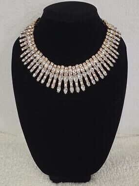 Regency Glam Statement Bib Necklace Cascading Marquise & Round Stones Gold Tone